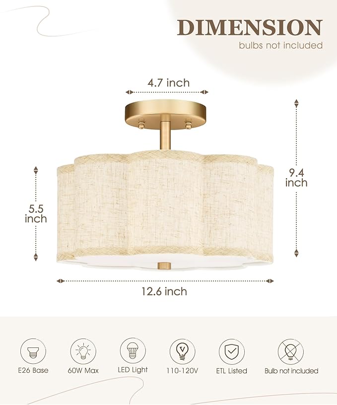 Gold Semi Flush Mount Ceiling Lights, 3-Light 12.5" Light Fixtures Ceiling Mount