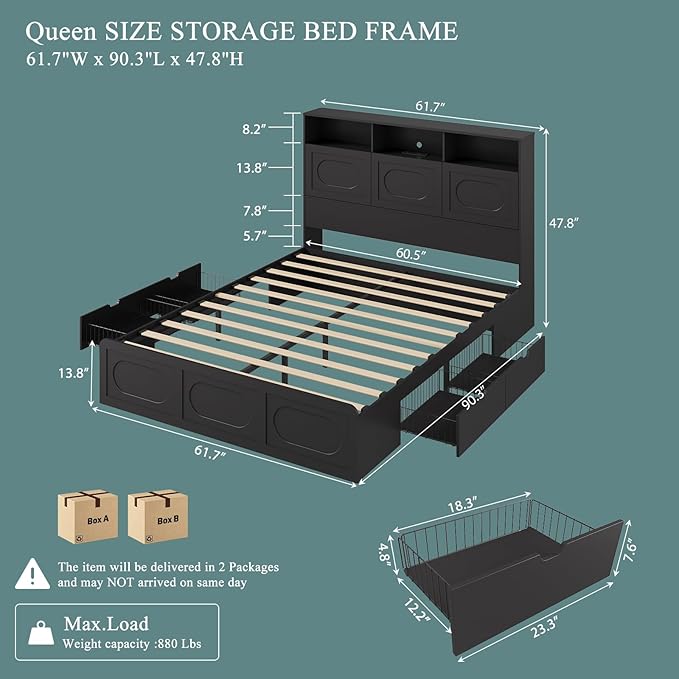 Black Queen Bed Frame with Storage Drawers, Bed Frame Queen Size with 48" Tall