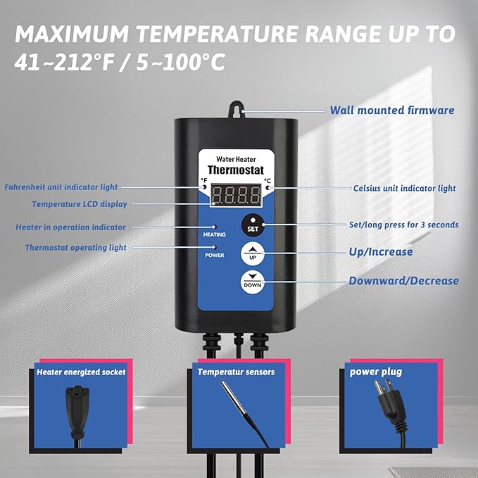 1300W Titanium Immersion Water Heater Portable Electric Hot Tub & Inflatable Pool Submersible Water Heater with Temp Control, GFCI for Bathtub, Baptistry, Above Ground Pool, Swimming Pool