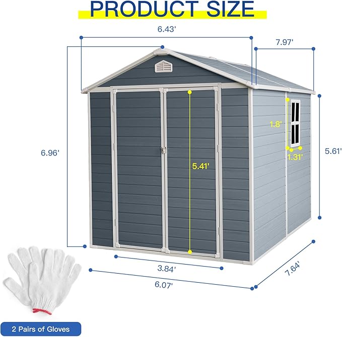 JT 6×8ft Resin Outdoor Storage Shed,Outdoor Storage Shed with Floor & Window to Store Patio Furniture, Garden Tools Bike Accessories, Beach Chairs and Lawn Mower. (6ft×8ft)