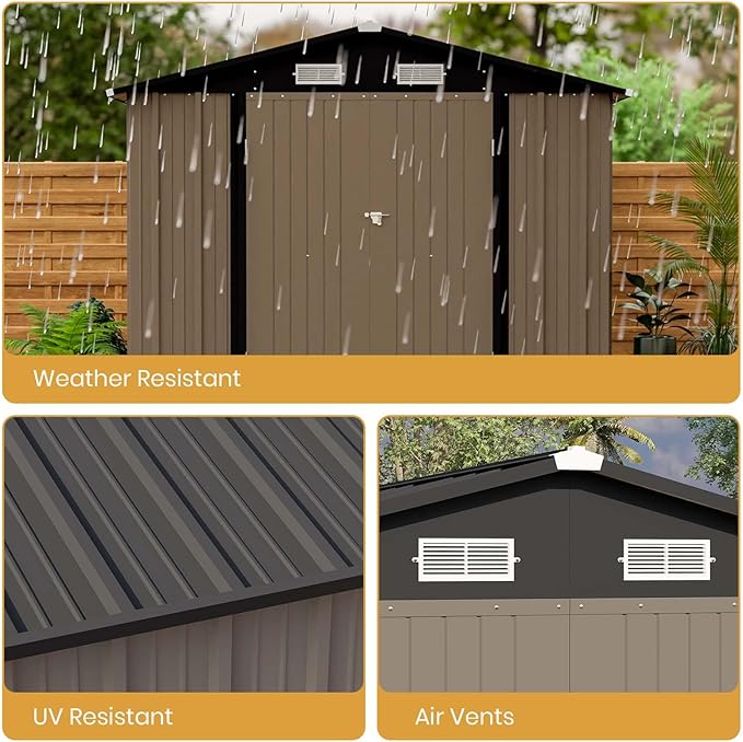 Patiowell 12 x 8 FT Outdoor Storage Shed, Steel Shed Storage House with Design of Lockable Doors, Utility and Tool Storage for Garden, Patio, Backyard, Outside use, Brown