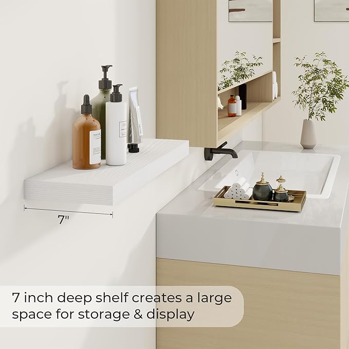24 inch Floating Shelves Long Floating Shelves for Wall Large Wall Mounted Shelves with Invisible Brackets, White Shelves for Bathroom, Living Room, Kitchen, Office, 24x6.7 inch deep Set of 2