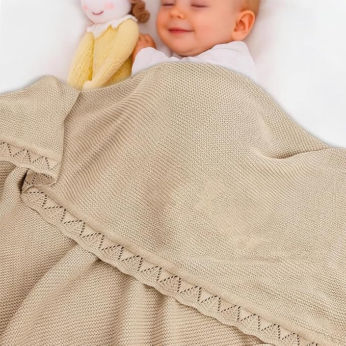 Baby Knit Blanket Soft Breathable Cotton Scallop Border Blankets Newborn Knitted Blanket Swaddle Blankets Gifts for Baby Newborn Toddler Shower Boy Girl New Mom Birthday Christmas Beige 30x30