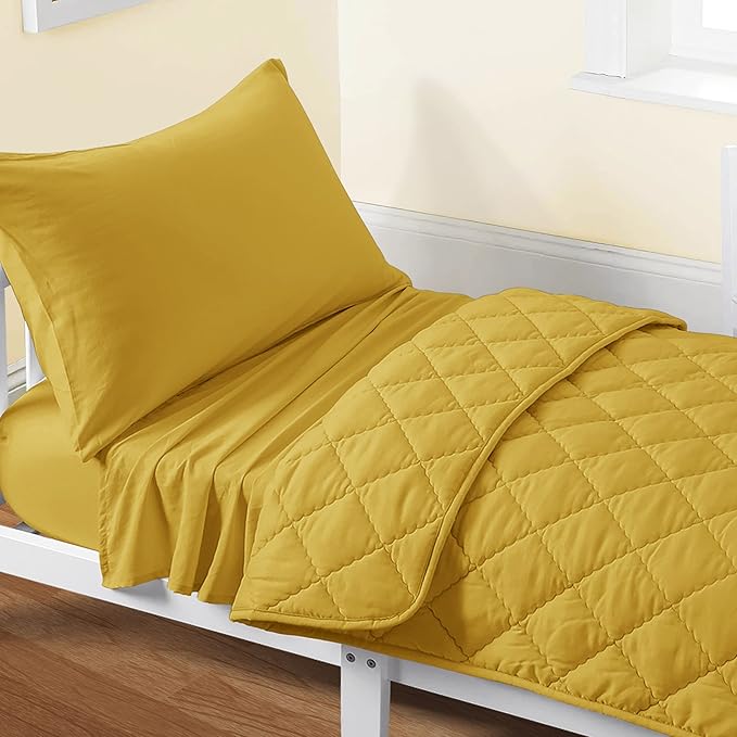 FLXXIE 4 Pieces Toddler Bedding Set, Soft and Breathable Microfiber Crib Sheet Set, Includes Quilted Comforter, Flat Top Sheet, Fitted Sheet, Envelope Pillow Case for Boys and Girls, Yellow