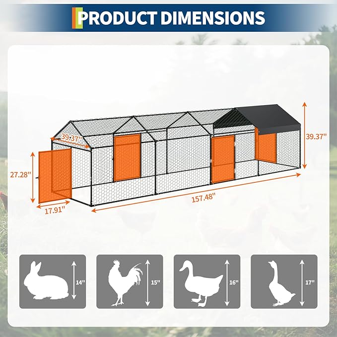 Large Metal Chicken Coop, 160"×40"×40" Walk-in Poultry Cage, with Protective Cover to Block Wind and Rain, Chicken Duck and Rabbit Enclosure for Yard,Farm, Scratch-Ristant & Easy Assembly