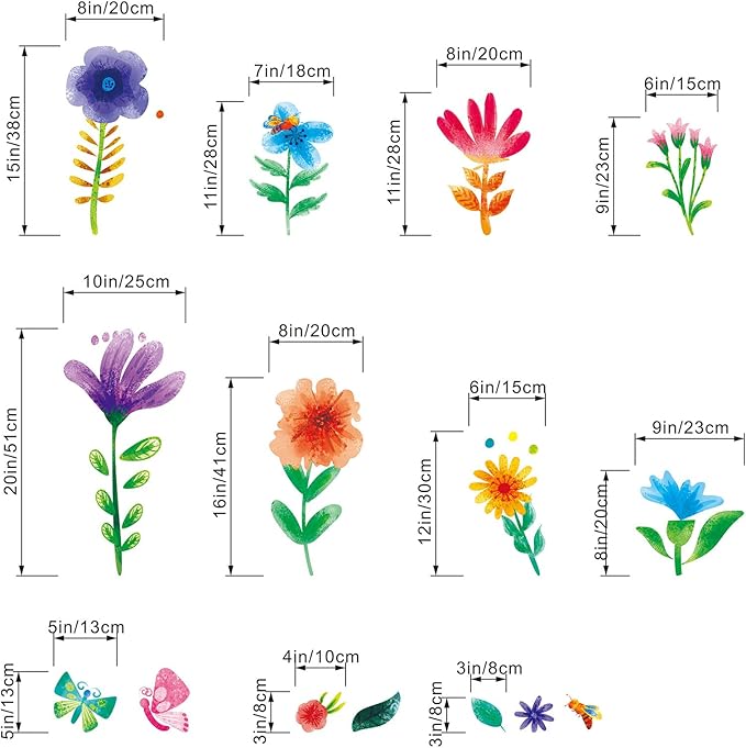Watercolor Flower Wall Stickers - Kids Baby Boys Girls Toddler Garden Preschool Floral Wall Decals - Nursery Playroom Classroom Daycare Bedroom Home Wall Decor