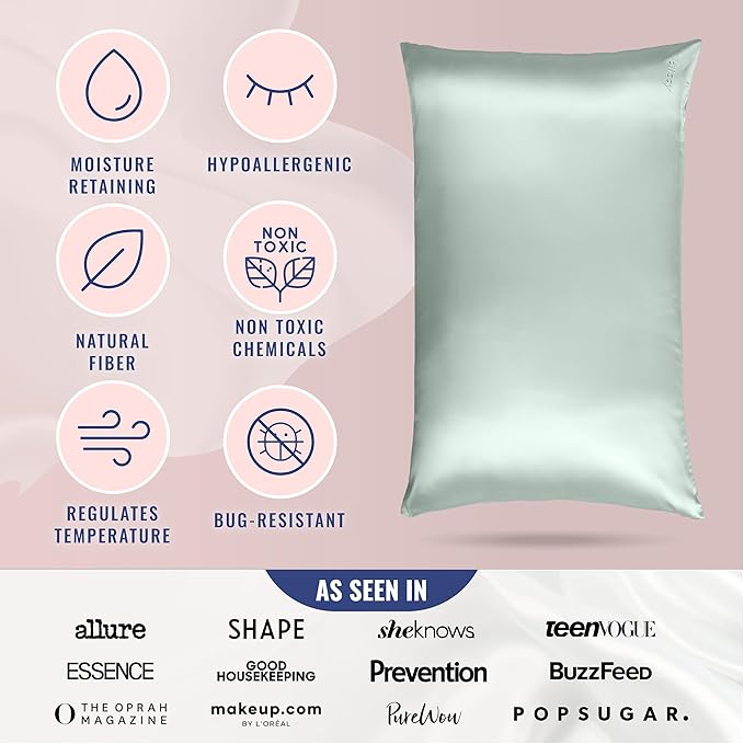 Blissy Silk Pillowcase - 100% Pure Mulberry Silk - 22 Momme 6A High-Grade Fibers - Silk Pillow Cover for Hair & Skin - Regular, Queen & King (Matcha, Queen)