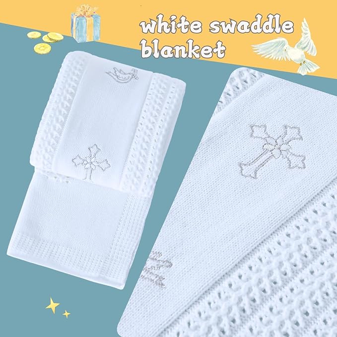 Booulfi Baby Blankets for Boys Girls Baby Receiving Blankets Silver Cross Dove of Peace Embroidery White Knitted Blanket Soft Crib Blanket Newborn Essentials Baptism Christening Gifts Size 39X34