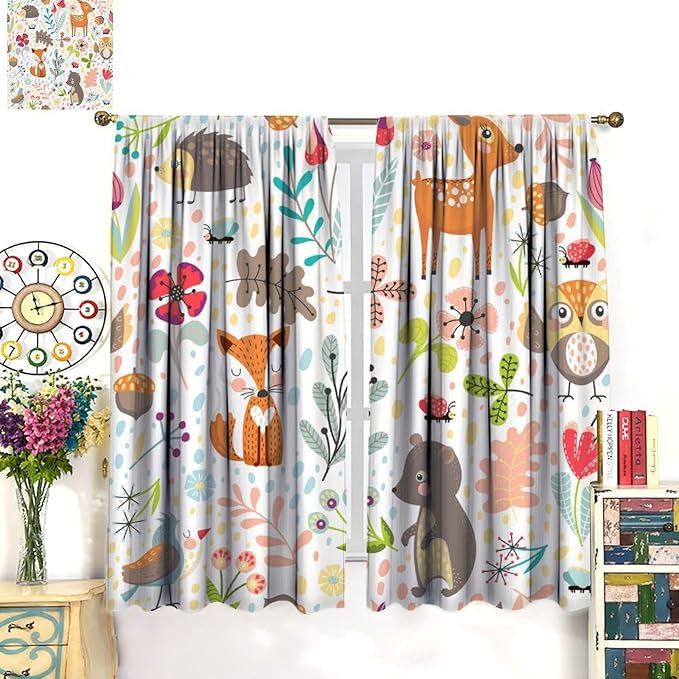 Jungle Animals Curtains, Cute Cartoon Animals Branches Blackout Window Treatments, Rod Pocket Thermal Insulated Drapes 2 Panel Sets for Kids Bedroom Nursery Classroom, 42" W X 45" L