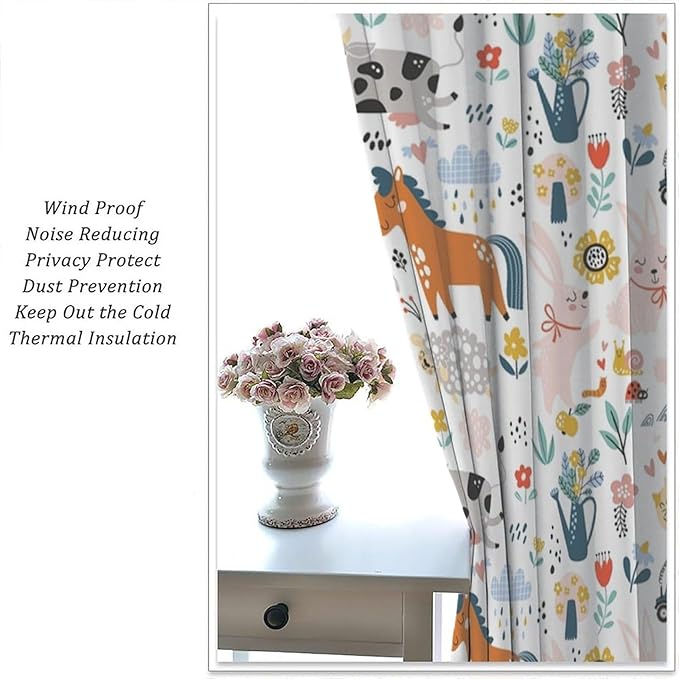 Farm Animal Curtains for Kids, Cartoon Cute Wild Animal Window Treatments Woodland Farmhouse Cow Horse Pig Window Drapes for Girls Boys Nursery Toddler Bedroom 42x45in