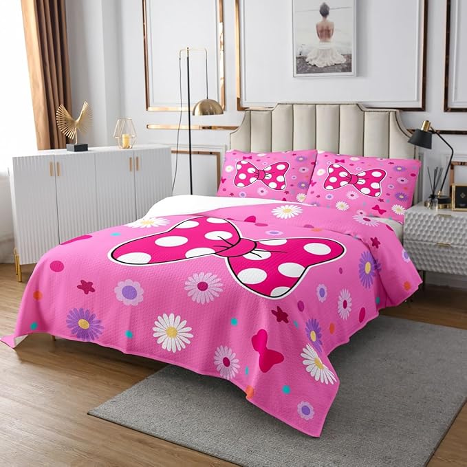 Manfei Pink Bowknot Kids Bedspread King Size,Daisy Flowers Geometric Dot Patchwork Coverlet Set,Girls Women Room Decor,Bow Tie Cute Princess Quilted Coverlet,Dreamy Chic Bedding Quilt,2 Pillowcases