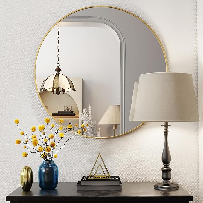 BEAUTYPEAK 20 Inch Round Mirror, Metal Frame Circle Mirror, Wall Mounted for Entryway, Bathroom, Vanity, Living Room, Gold