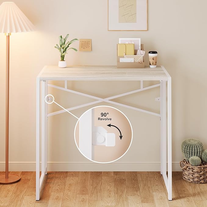 Small Folding Desk 35 inch, No Assembly Required Small Office Desk, Writing Gaming Computer Camping Table, Beige