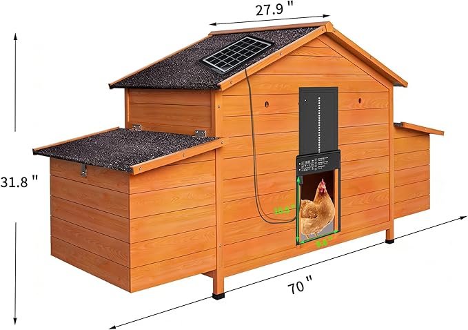 Automatic Chicken Coop for 2-4 Chickens with Solar Powered Door, Weatherproof Outdoor Chicken House with Timer & Light Sensor, Ventilated Design, 2 Nesting Boxes, Pull-Out Tray