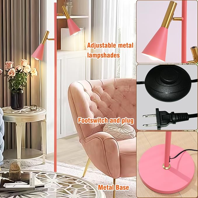 Modern Floor Lamp with 2 Adjustable Head Tall Pole Uplight