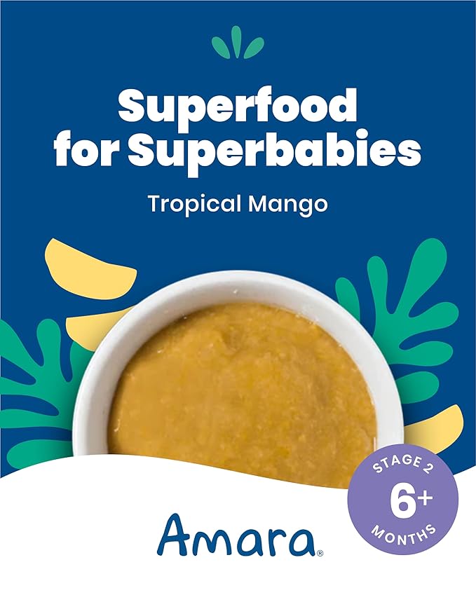 Amara Organic Baby Food - Stage 2 - Tropical Mango - Baby Cereal to Mix With Breastmilk, Water or Baby Formula - Shelf Stable Baby Food Pouches Made from Organic Fruit - 7 Pouches, 3.5oz Per Serving
