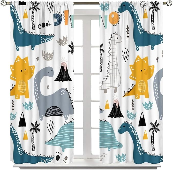 Dinosaur Curtains, Cartoon Dino Cute Safari Animal Print Pattern Blackout Window Treatments, Rod Pocket Thermal Insulated Drapes 2 Panel Sets for Kids Boys Bedroom Nursery Classroom, 84" W X 84" L