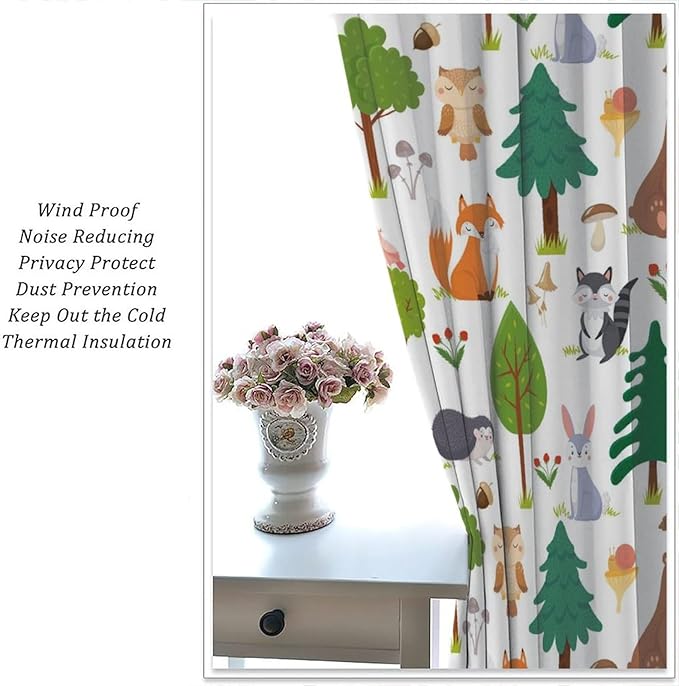 Jungle Animal Curtains, Woodland Animals Forest Pattern Blackout Window Treatments, Rod Pocket Thermal Insulated Drapes 2 Panel Sets for Kids Room Nursery Classroom, 72" W X 63" L