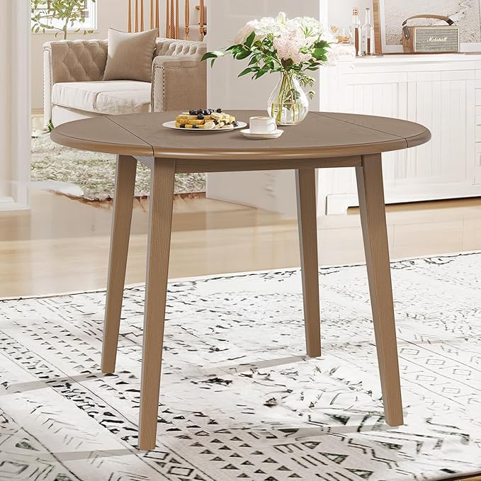 COLAMY 5-Piece Extendable Dining Table Set for 4, 36" Kitchen Round Wood Table with 4 Nailhead Dining Room Chairs,Light Brown/Light Brown