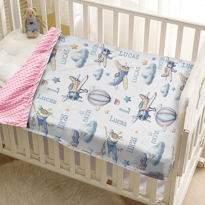 Personalized Infant Swaddle Blanket – Soft Flannel with Double-Layer Dotted Backing – Aircraft and Hot Balloon Design