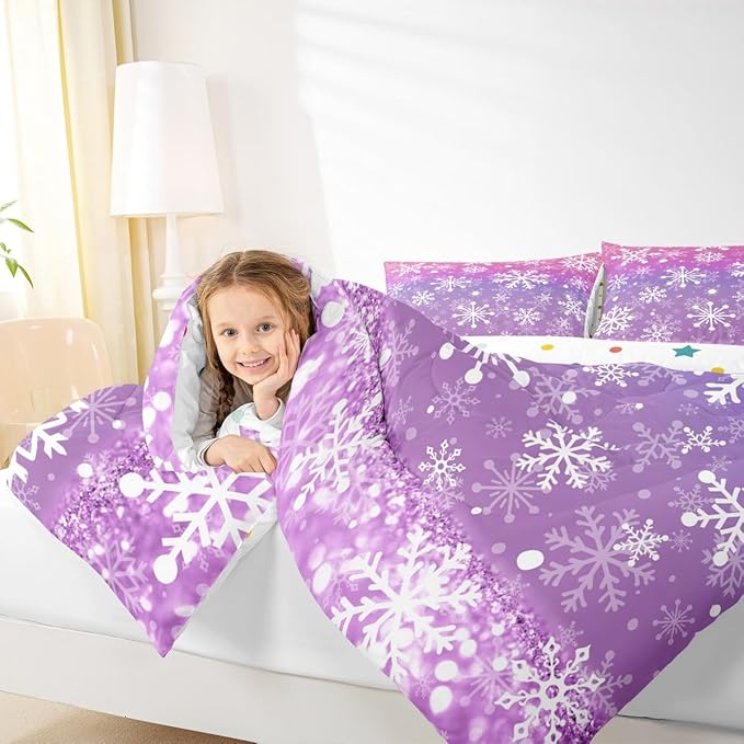 Feelyou Christmas Comforter Set All Season Pink Purple Bedding Set with 2 Pillow Cases Winter Snowflake Microfiber Kids Queen Bedclothes New Year Holiday Bedroom Decor Duvet Quilt Soft Lightweight