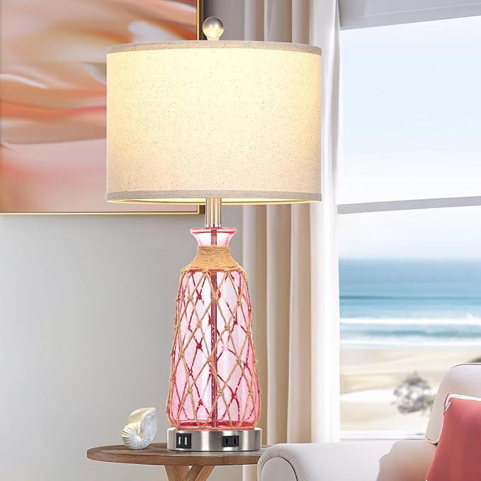 25.5" Coastal Glass Table Lamps Set of 2, 3-Way Dimmable Touch Control Bedside Lamps with 2 USB Ports and AC Outlet, Pink Nautical Nightstand Lamps for Bedroom Living Room (LED Bulbs Included)