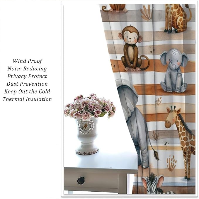 Kids Animal Curtains Elephants Giraffes Monkeys Lions Zebras Window Treatment for Kids Boys Girls Nursery Baby Bedroom Playroom Home Decor Window Drapes 72" W X 63" L