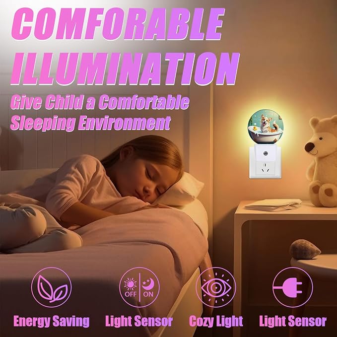 Funny Corgi Bathing Night Light Puppy Lover Night Lights LED Lamp Round Plug