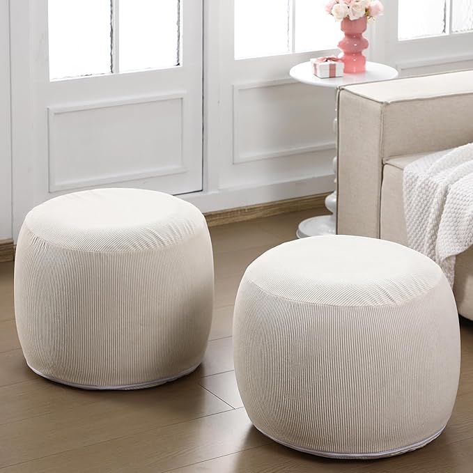 2 Pack Round Inflatable Pouf Ottoman Foot Rest for Couch 20 x 16 Inch Cozy Portable Floor Corduroy Poufs Foot Stool Ottoman with Pump for Living Room Bedroom Chair, Beige