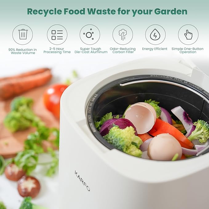 Karfo Electric Composter for Kitchen, Smart Compost Bin Outdoor/Indoor, Odorless Single-Button Auto Operation, Turn Food Waste to Fertilizer for Plants, Food Waste Compost Machine（White）