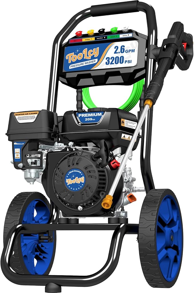 TOOLCY 3200 PSI Gas Pressure Washer, 2.6 GPM Gas Powered Power Washer Reinforced Pump & 209cc OHV Engine, 35FT Pressure Hose, Quick Connect Swivel Pressure Gun, 5 Nozzles for Homes (No Soap Tank)