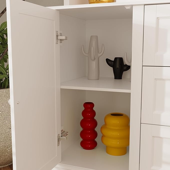 WOODTIME 78.7" Tall Changing Table Dresser with Drawers, Open Shelves and Doors, Multi-Functional Baby Nursery Dresser with Changing Table Top, Versatile Storage Cabinet for Nursery, White