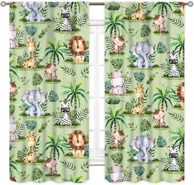 Jungle Safari Animals Curtains, Cartoon Animals Lion Giraffe Elephant Woodland Tropical Leaf Green Window Drapery for Kids Boys Girls Baby Living Room Bedroom Nursery 2 Panels, 63"x72" Inch
