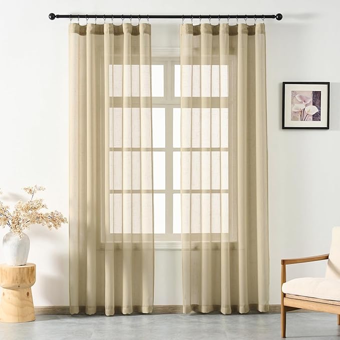 Taupe Sheer Curtains 90 Inches Long, Neutral Linen Look Textured Light Filtering Drapes Decor, Tan Beige Transparent Window Treatments, Rustic Pinch Pleat Curtain with Hooks