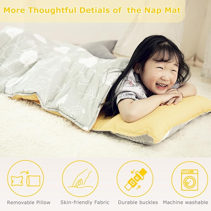 Toddlers Nap Mat with Removable Pillow and Soft Blanket, Lightweight Daycare Preschool Kindergarten Sleeping Bag, Travel Slumber for Kids Girls Boys