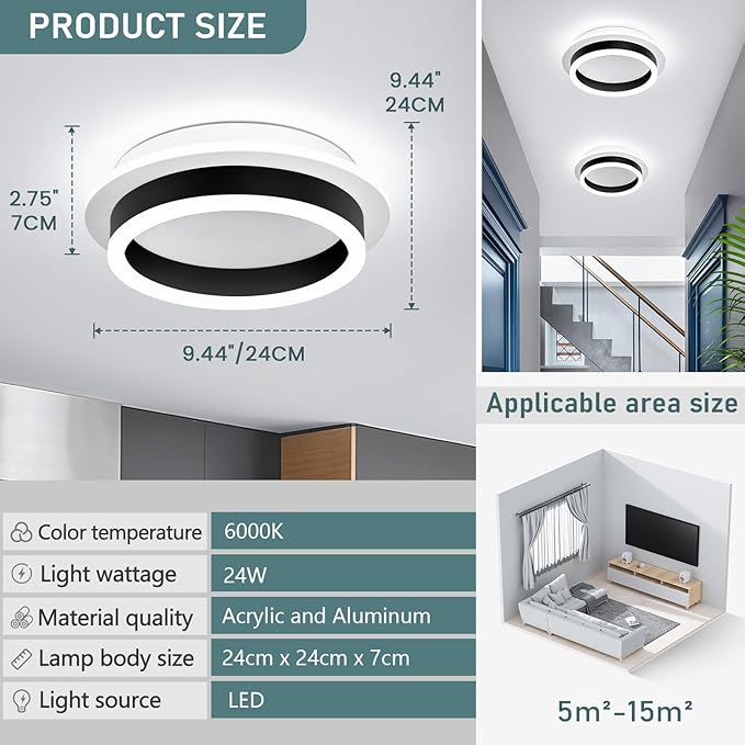 Round Modern LED Flush Mount Ceiling Lamp, 24W LED Light Fixture, Entryway