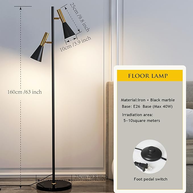 Modern Floor Lamp with 2 Adjustable Head Tall Pole Uplight