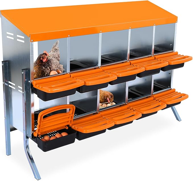 10-Hole Chicken Nesting Box, Roll Away Nest with Removable Tray, Rustproof Galvanized Steel, Easy Egg Collection & Cleaning, Wall-Mount Design - Orange