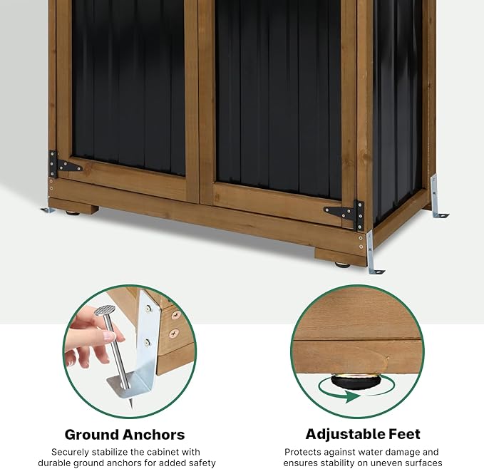 Outdoor Storage Cabinet, Wood & Metal Tall Tool Shed with Weather-Resistant Roof, Double Lockable Doors, 3 Removable Shelves & Adjustable Feet, for Patio, Garden, Backyard, 32" x 15.5" x 66"