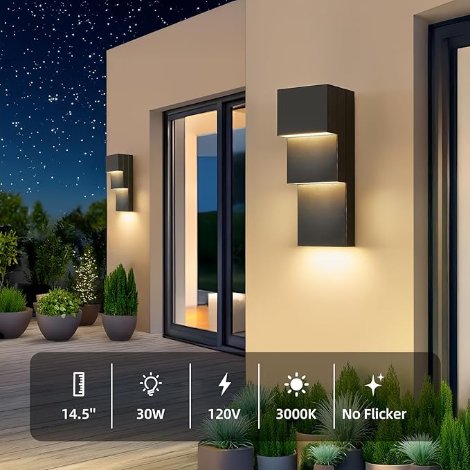 tewei Modern LED Outdoor Wall Sconce 30W Exterior Lighting Fixtures, Warm White