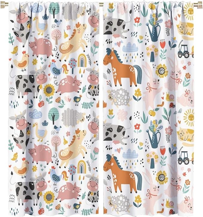 Farm Animal Curtains for Kids, Cartoon Cute Wild Animal Window Treatments Woodland Farmhouse Cow Horse Pig Window Drapes for Girls Boys Nursery Toddler Bedroom 42x63in