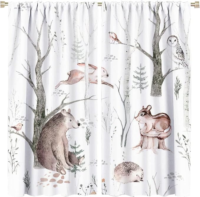Watercolor Woodland Animal Curtains, Wildlife Bear Farmhouse Lodge Cabin Squirrel Owl Hedgehog Fox Blackout Rod Pocket Windows Door Curtain for Bedroom Living Room Home Decor 84x84in