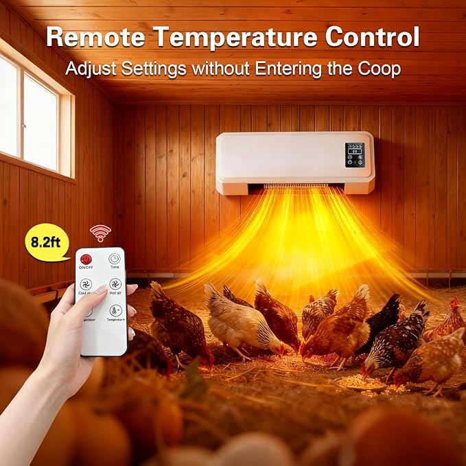 1500W Chicken Coop Heater for Winter, Wall-Mounted 2 Mode Poultry Heater with 5S Fast Heating, Adjustable Temp 77~99℉, Safe Heater for Chicken/Pets/Bird