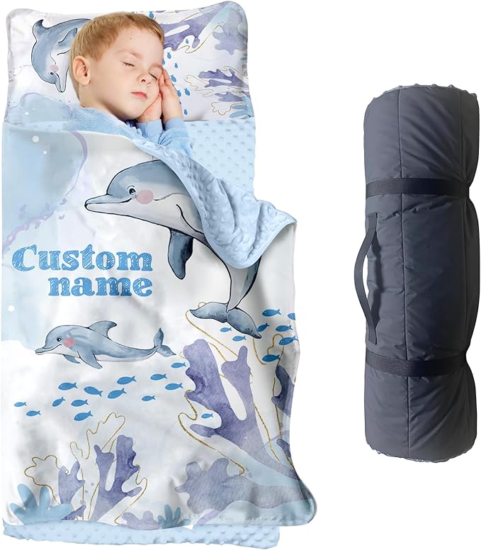 Personalized Toddler Nap Mats for Preschool, Custom Name Kids Sleeping Bag for Daycare, Roll Up Sleeping Mat with Removable Pillow and Soft Dot Minky Blanke for Boys Camping Travel