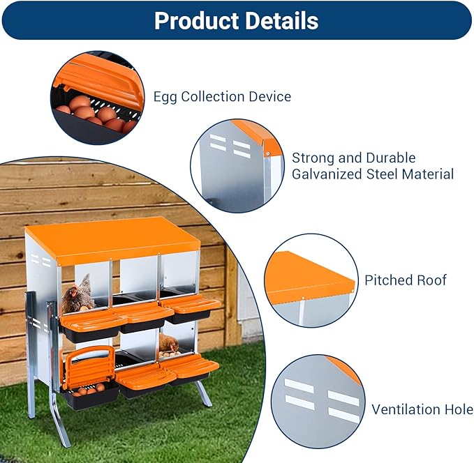 GarveeLife Chicken Nesting Box, 6 Compartments Nesting Boxes for Chickens, Chicken Laying Boxes with Legs, Roll Away Nesting Box for Chickens Laying Egg with Lid Cover to Protect Eggs, Orange