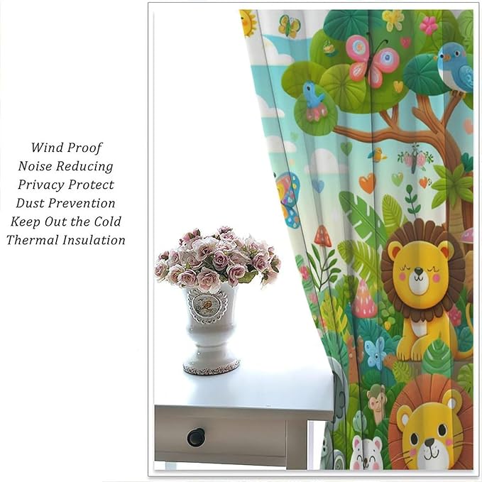 Cartoon Animals Curtain Jungle Forest Elephant Lion Butterfly Floral Print Curtains for Kids Boys Girls Nursery Baby Bedroom Playroom Home Decor Window Drapes 42" W X 45" L
