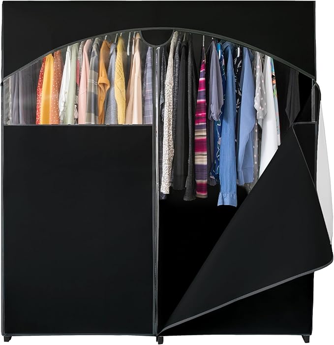 HOLDN’ STORAGE Portable Wardrobe Closet - 65 lb Large Capacity, Internal Heavy Duty Metal Rod, Zipper & Clear Window, Durable Clothes Organizer, Tool-Free Easy Assembly, Black Canvas Cover