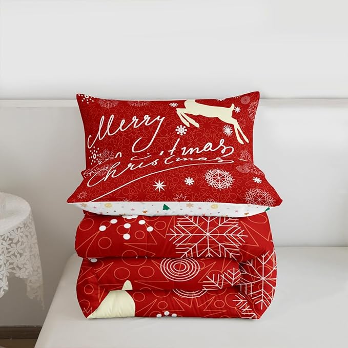Merry Christmas Kids Comforter Set King Size,Deer Animal Silhouette Bedding,Girls Boys Adults Bedroom/Xmas Cabin Decor,Snowflake Dot Graffiti Down Comforter,Red Romantic Duvet Insert,2 Pillowcases