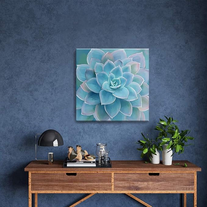 Wall Decor for Bedroom Canvas Artwork Blue-Green Succulents Prints Pictures Wall Art for Living Room Hanging Plants for Bedroom Decor Modern Popular Wall Decorations Blue-Green Flower Size 20x20