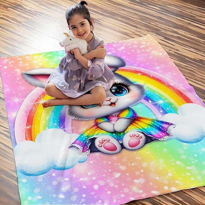 Blanket for Girls, Bunny Throw for Kids Teens Rabbit Lovers 60x80 Inches Lightweight Soft Cute Rainbow Print Throw Blankets for Sofa Couch Living Room Bed